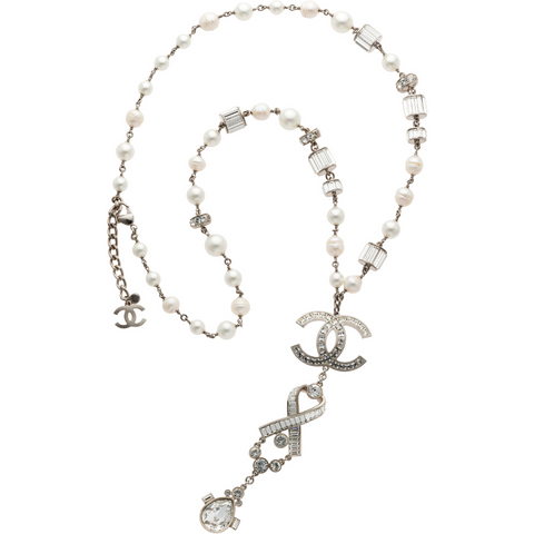 Clear Rhinestone & Glass Pearl Chanel Necklace