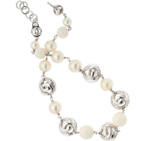 Jumbo Glass Pearl & Silver Chanel Necklace