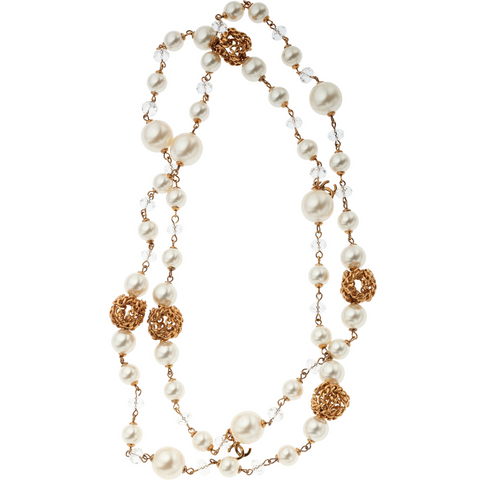 Glass Pearl & Gold Chain Beads Long Chanel Necklace