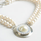 White and Silver Double Strand Necklace with Authentic Chanel Button