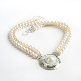 White and Silver Double Strand Necklace with Authentic Chanel Button