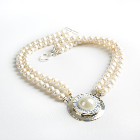 White and Silver Double Strand Necklace with Authentic Chanel Button