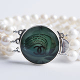 Green Triple Strand Bracelet with Authentic Chanel Button