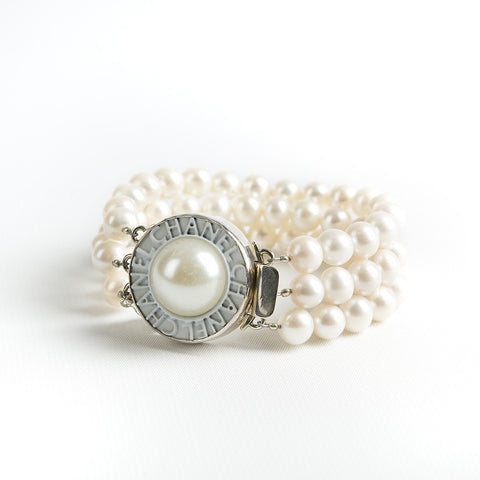 Silver and Pearl Triple Strand Bracelet with Authentic Chanel Button