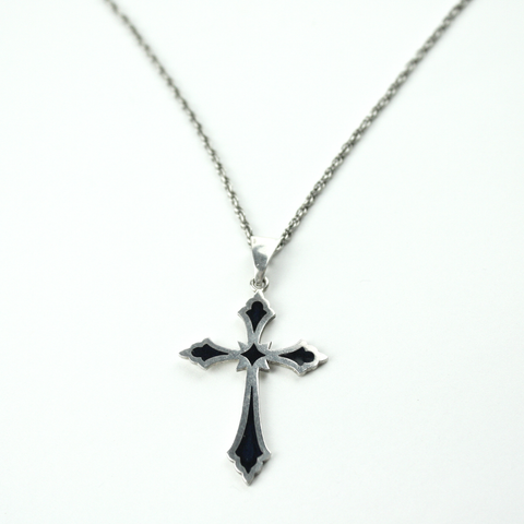 Vintage Gothic Style Silver Enamel Cross and Chain