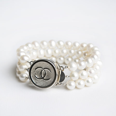 Silver Chanel Triple Strand Bracelet with Authentic Chanel Button