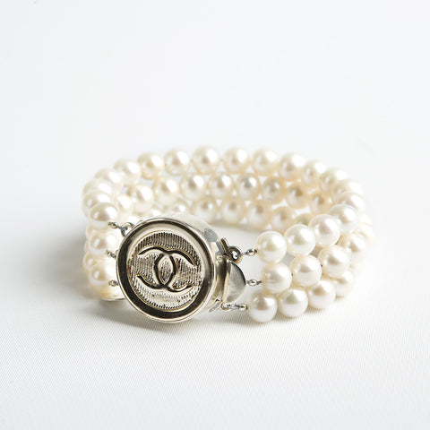 Silver Pinstripe Triple Strand Bracelet with Authentic Chanel Button