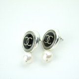 Silver and Black Stud Earrings with Pearl and Authentic Chanel Button