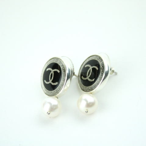 Silver and Black Stud Earrings with Pearl and Authentic Chanel Button