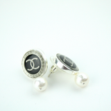 Silver and Black Stud Earrings with Pearl and Authentic Chanel Button