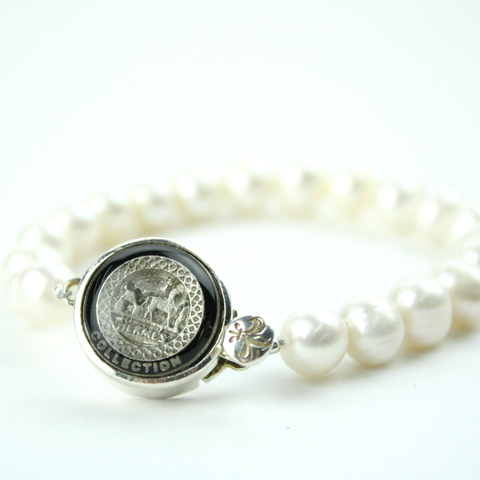 Silver and Black Single Strand Bracelet with Authentic Hermes Button