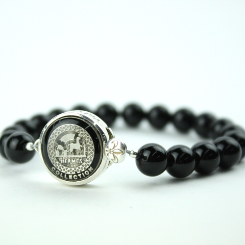 Black and Silver Black Single Strand Bracelet with Authentic Hermes Button