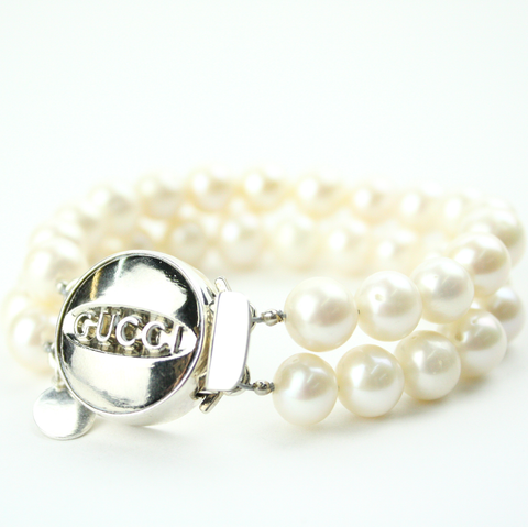 Silver Double Strand Bracelet with Authentic Gucci Button