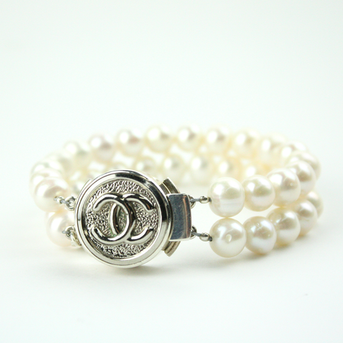 Textured Silver Double Strand Bracelet with Authentic Chanel Button