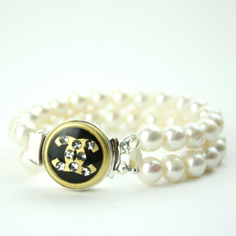 Gold and Black Rhinestone Double Strand Bracelet with Authentic Chanel Button