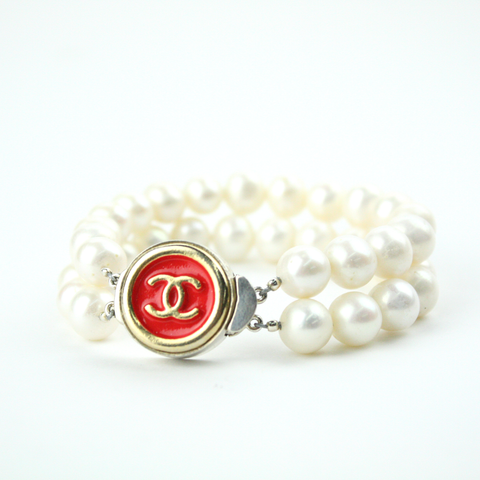 Red and Gold Double Strand Bracelet with Authentic Chanel Button