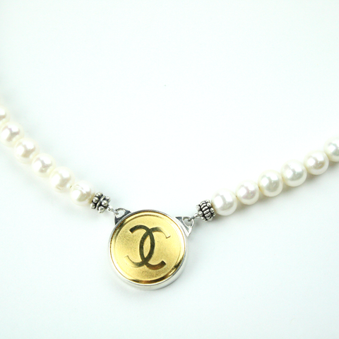 Gold Matte Single Strand Necklace with Authentic Chanel Button