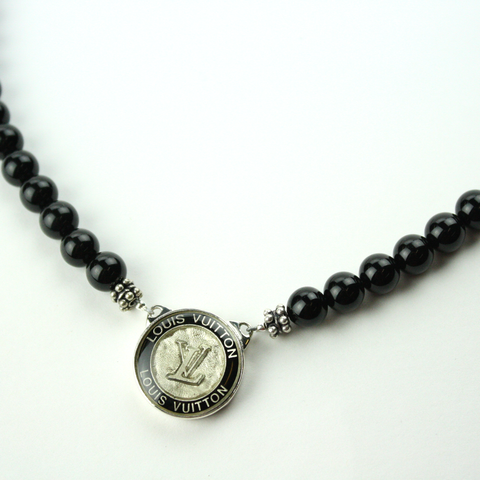 Silver and Gold Black Single Strand Necklace with Authentic Louis Vuitton Button