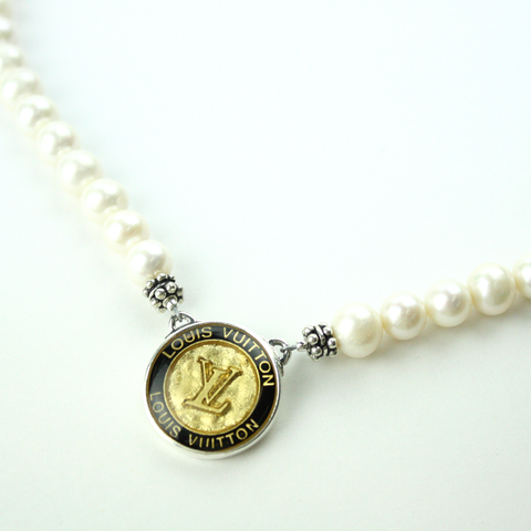 Gold and Black Single Strand Necklace with Authentic Louis Vuitton Button