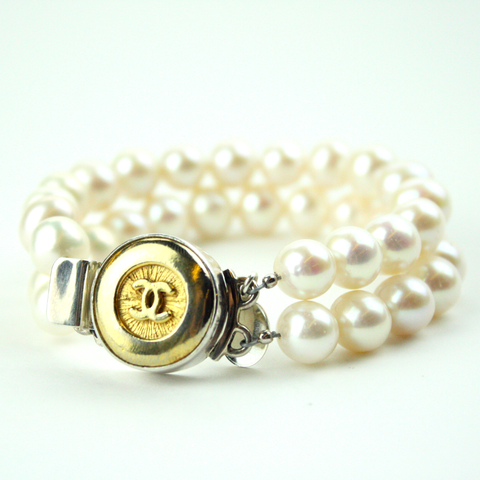 Sunburst Gold Double Strand Bracelet with Authentic Chanel Button