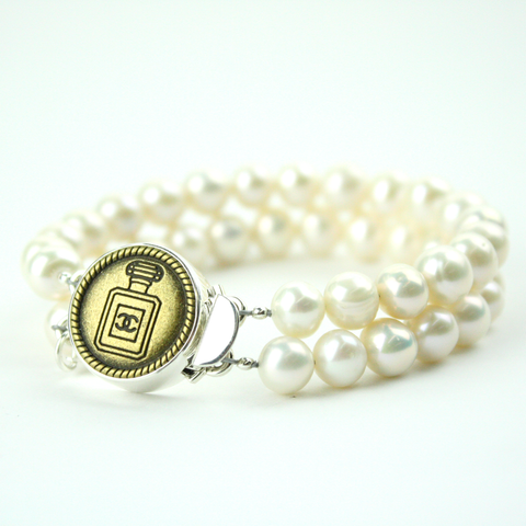 Gold Chanel No. 5 Double Strand Bracelet with Authentic Chanel Button