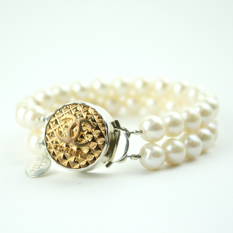 Textured Bronze Double Strand Bracelet with Authentic Chanel Button