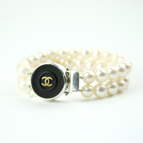 Textured Black and Gold Double Strand Bracelet with Authentic Chanel Button