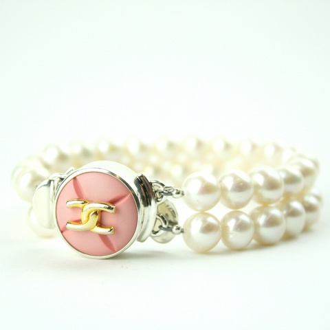 Textured Pink Double Strand Bracelet with Authentic Chanel Button