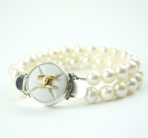 Textured White and Gold Double Strand Bracelet with authentic chanel button