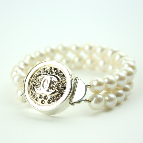 Textured Silver Double Strand Bracelet with Authentic Chanel Button