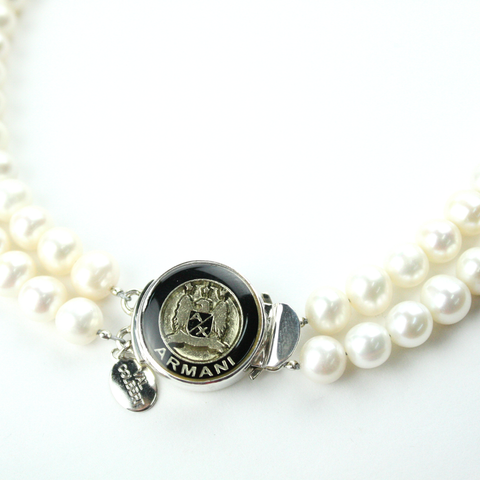 Black and Gold Double Strand Necklace with Authentic Armani Button