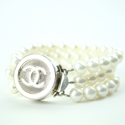 Silver Pinstripe Triple Strand Bracelet with Authentic Chanel Button