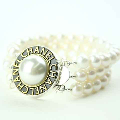 Black and Gold Pearl Triple Strand Bracelet with Authentic Chanel Button