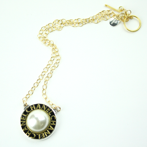 Gold Strand Necklace with Black and Pearl Authentic Chanel Button